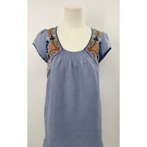 Zara Blue Embroidered Linen Mini Dress Cap Sleeve Boho Coastal XS